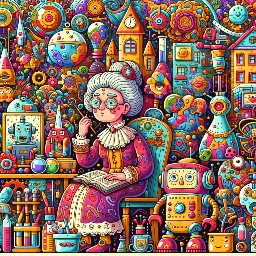 Une illustration destinée aux enfants représentant une femme excentrique, entourée d'inventions farfelues, accompagnée d'un adorable robot, dans un atelier coloré et débordant d'objets étranges, situé au cœur d'une ville joyeuse et animée.