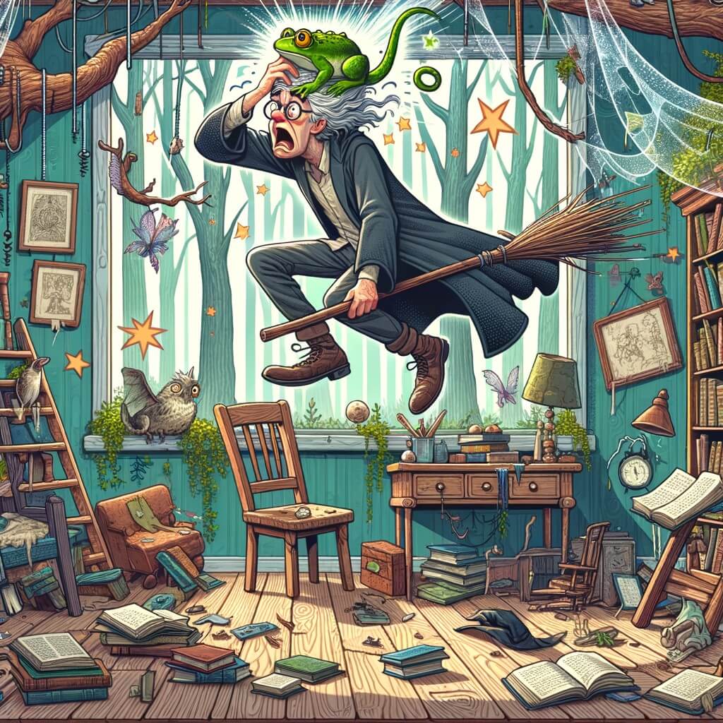 Une illustration pour enfants représentant un sorcier distrait qui concocte des potions magiques dans une forêt enchantée, et qui, un jour, s'envole maladroitement dans la ville voisine.
