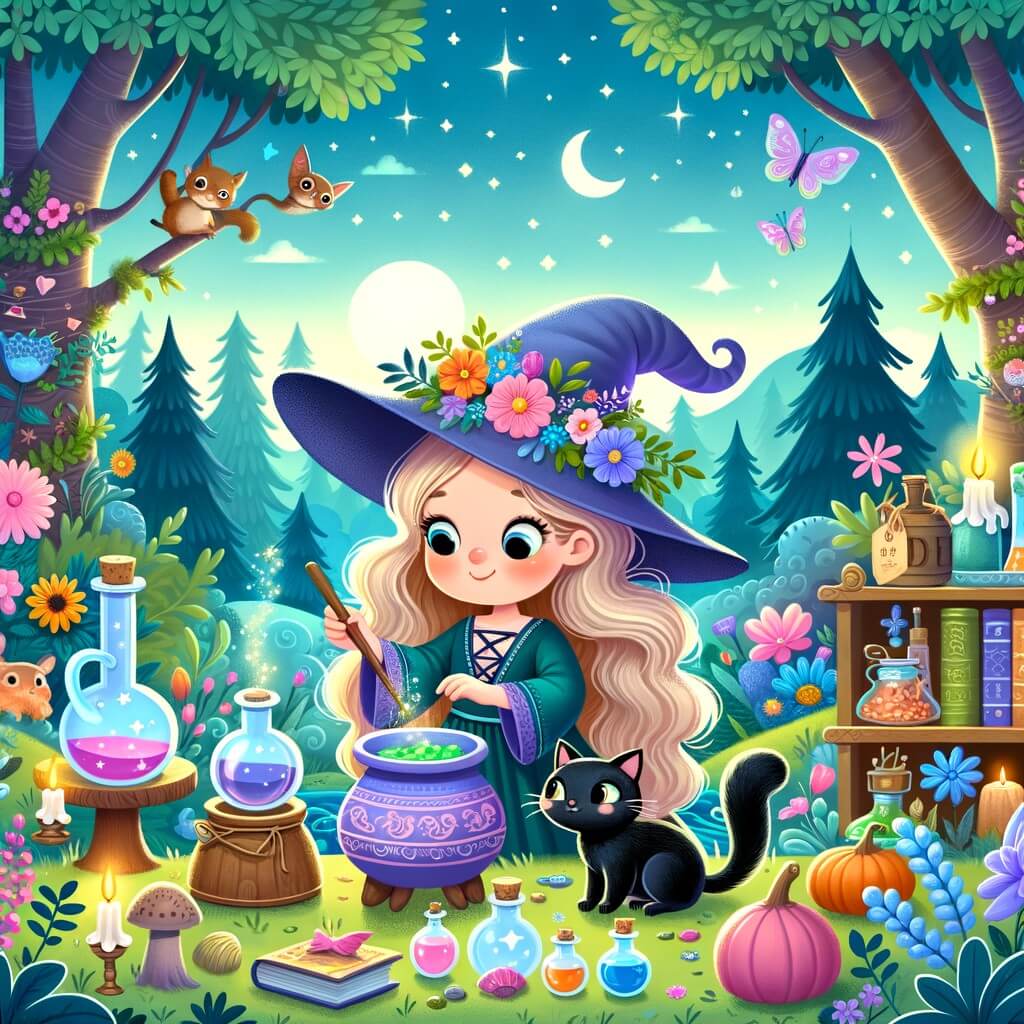 Une illustration destinée aux enfants représentant une sorcière farfelue concoctant des potions magiques, accompagnée d'un adorable chat noir, dans une forêt enchantée pleine de fleurs colorées, d'arbres majestueux et d'animaux curieux.
