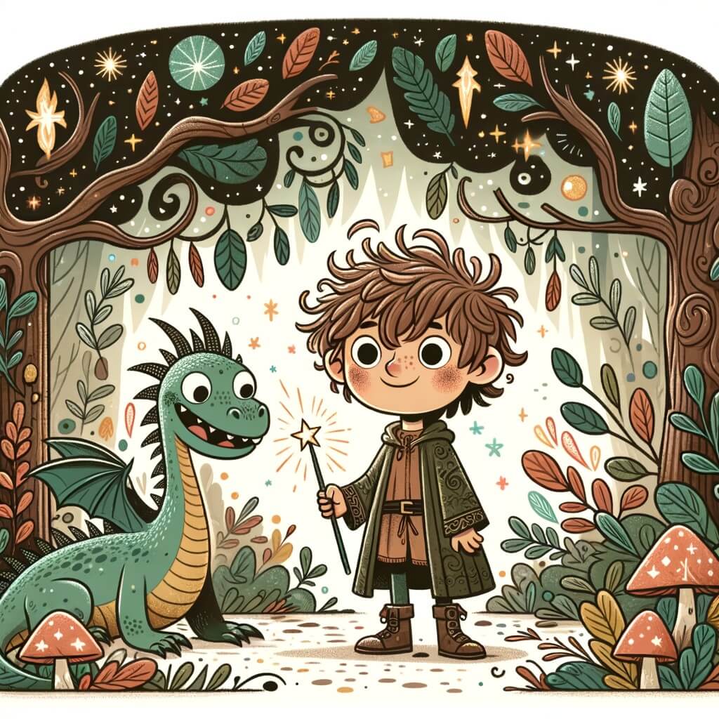 Une illustration destinée aux enfants représentant un jeune apprenti sorcier aux cheveux ébouriffés, tenant une baguette magique, faisant face à un dragon souriant, dans une forêt enchantée remplie d'arbres aux feuilles chatoyantes et de champignons lumineux.