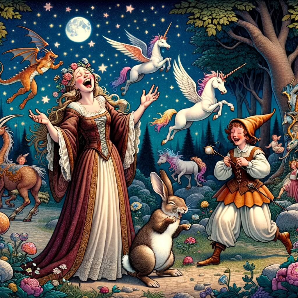 Une illustration destinée aux enfants représentant une sorcière ensorcelée par un rire incontrôlable, accompagnée d'un lapin malicieux, à la recherche d'une plume de licorne et d'un œuf de dragon, dans une forêt enchantée avec des arbres aux feuilles multicolores, des licornes dansant dans les clairières et des dragons volant dans le ciel étoilé.