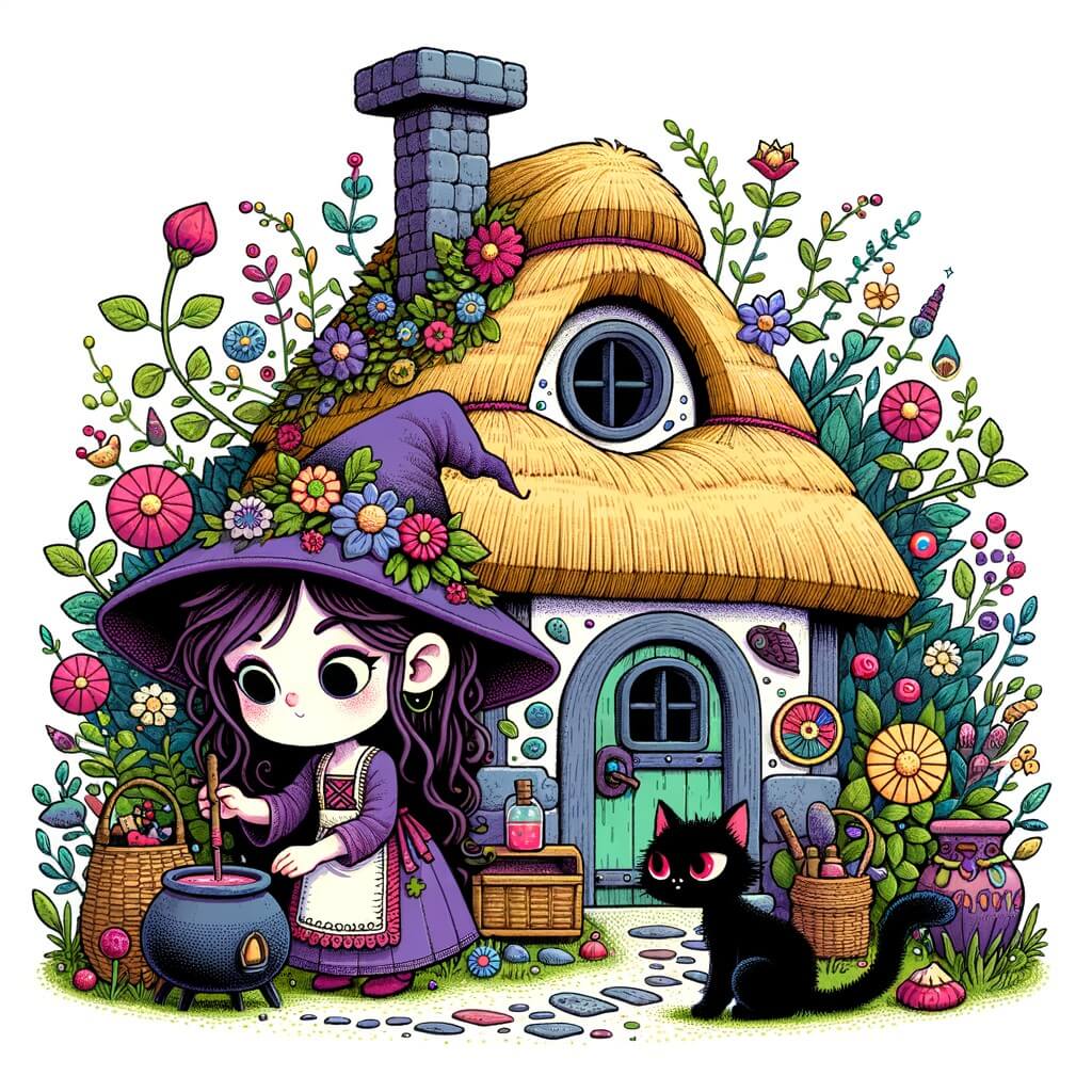 Une illustration pour enfants représentant une petite apprentie sorcière en train de préparer une potion magique dans sa maisonnette ensorcelante.