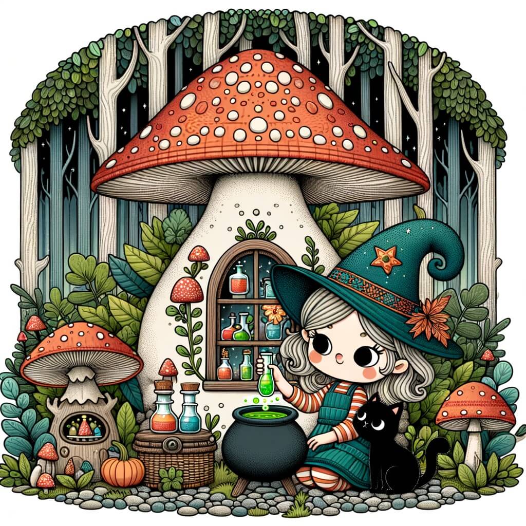 Une illustration destinée aux enfants représentant une sorcière farfelue préparant une potion magique dans sa maison en forme de champignon au cœur d'une forêt enchantée, accompagnée de son fidèle chat noir.