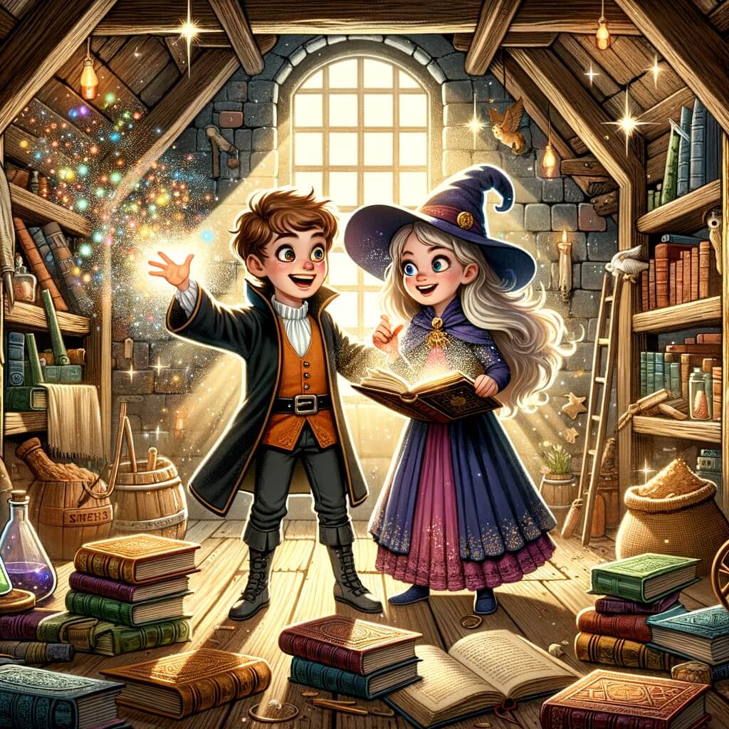 Une illustration destinée aux enfants représentant un jeune apprenti sorcier, plein d'enthousiasme, qui fait des sorts hilarants avec une sorcière espiègle dans un grenier poussiéreux rempli de vieux grimoires et d'objets magiques étincelants.