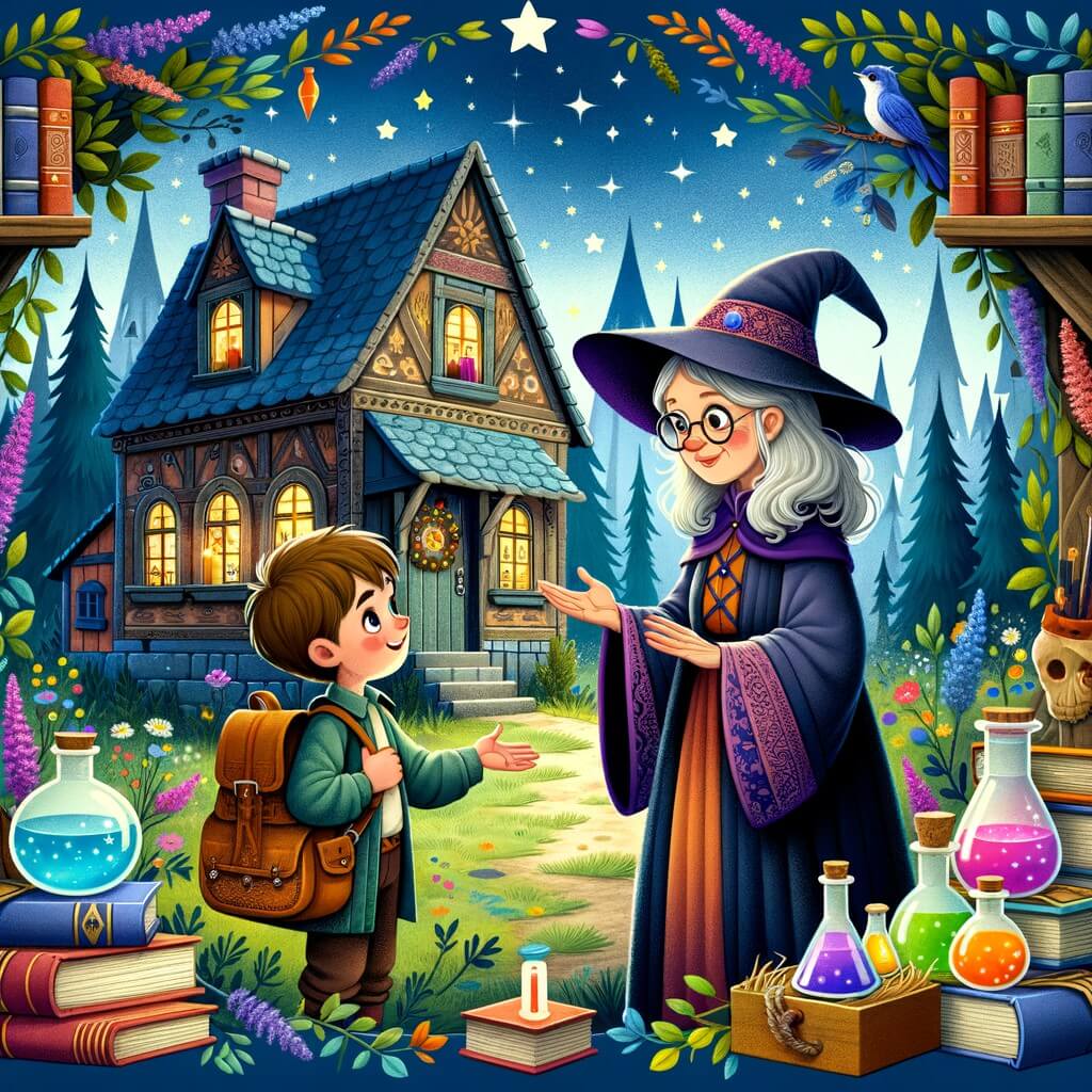 Une illustration destinée aux enfants représentant une apprentie sorcière pleine de curiosité, rencontrant une vieille dame mystérieuse dans une charmante maison au cœur d'une forêt enchantée remplie de livres magiques et de potions colorées.