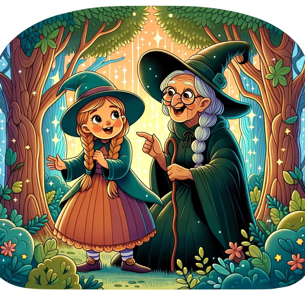 Une illustration destinée aux enfants représentant une apprentie sorcière, pleine de curiosité et de malice, accompagnée d'une vieille sorcière rigolote, dans une forêt enchantée aux arbres majestueux et aux couleurs chatoyantes.