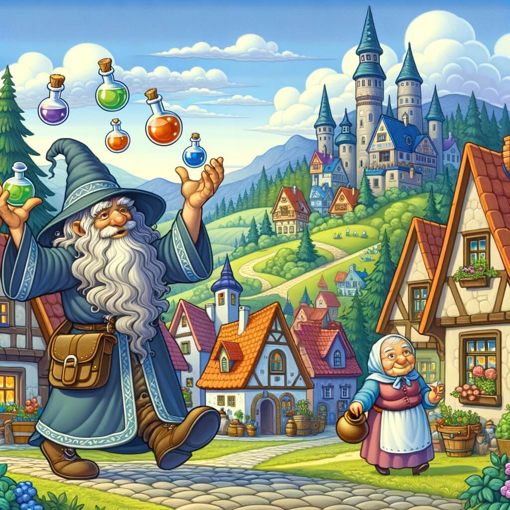 Une illustration destinée aux enfants représentant un sorcier farfelu, jonglant maladroitement avec ses potions magiques, accompagné d'une vieille dame miniature, dans un village pittoresque aux maisons colorées et aux rues pavées, entouré de collines verdoyantes et d'une forêt mystérieuse.