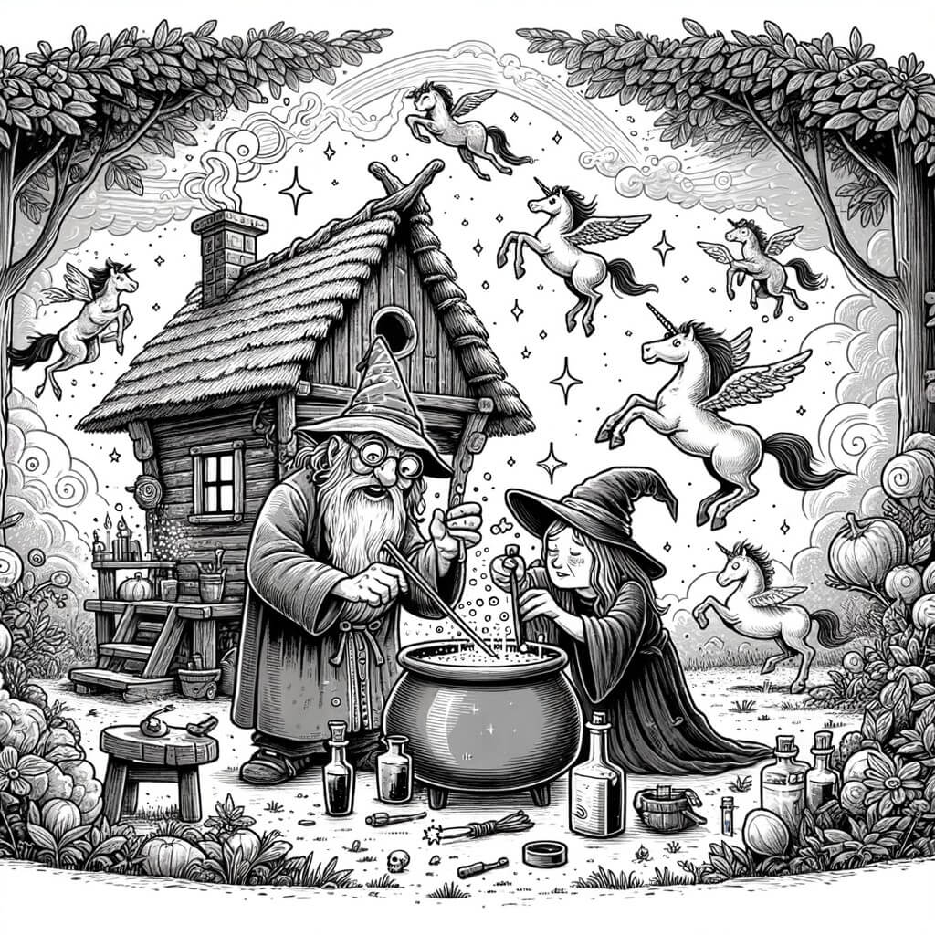 Une illustration pour enfants représentant un sorcier farfelu en quête d'une potion magique dans une forêt enchantée.