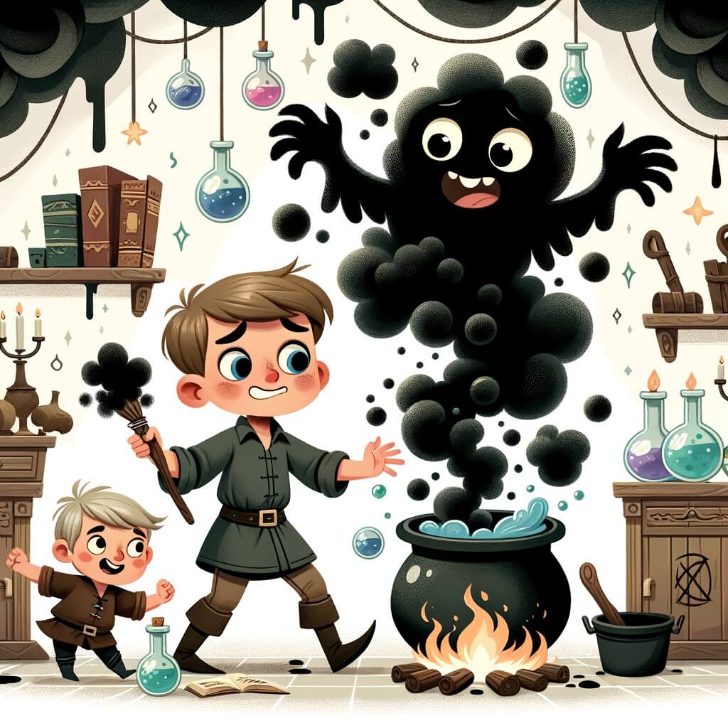 Une illustration destinée aux enfants représentant un sorcier maladroit créant accidentellement un être de fumée noire, accompagné d'un petit bonhomme espiègle, dans un atelier magique rempli de chaudrons bouillonnants et de livres de sorts mystérieux.