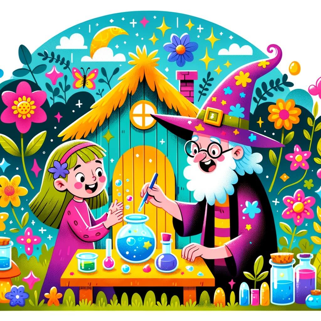Une illustration pour enfants représentant une apprentie sorcière, qui fabrique une potion magique dans sa cabane au fond de son jardin, avant de rencontrer une mentor excentrique et d'aller à la grande fête des sorciers.
