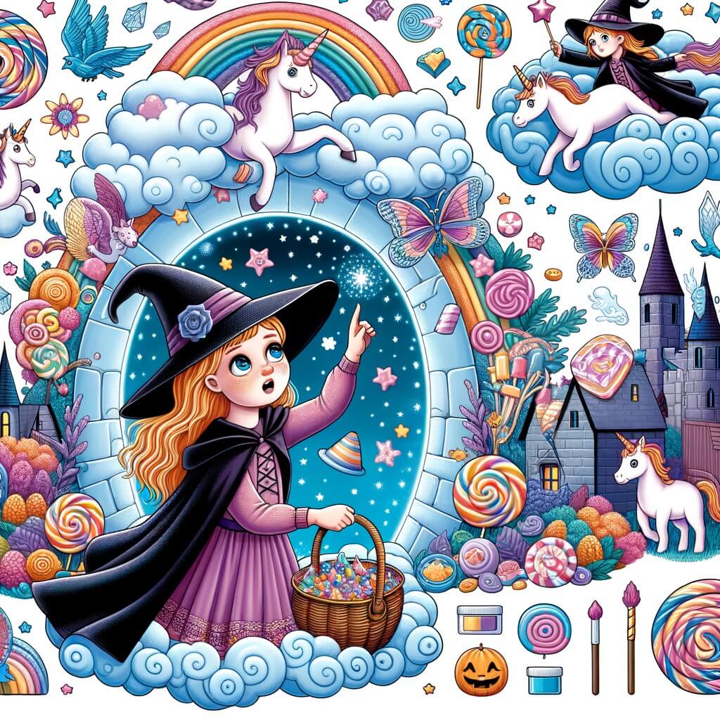 Une illustration pour enfants représentant une petite apprentie sorcière qui rêve de devenir magicienne, se trouvant dans une école de sorcellerie dans une forêt enchantée.