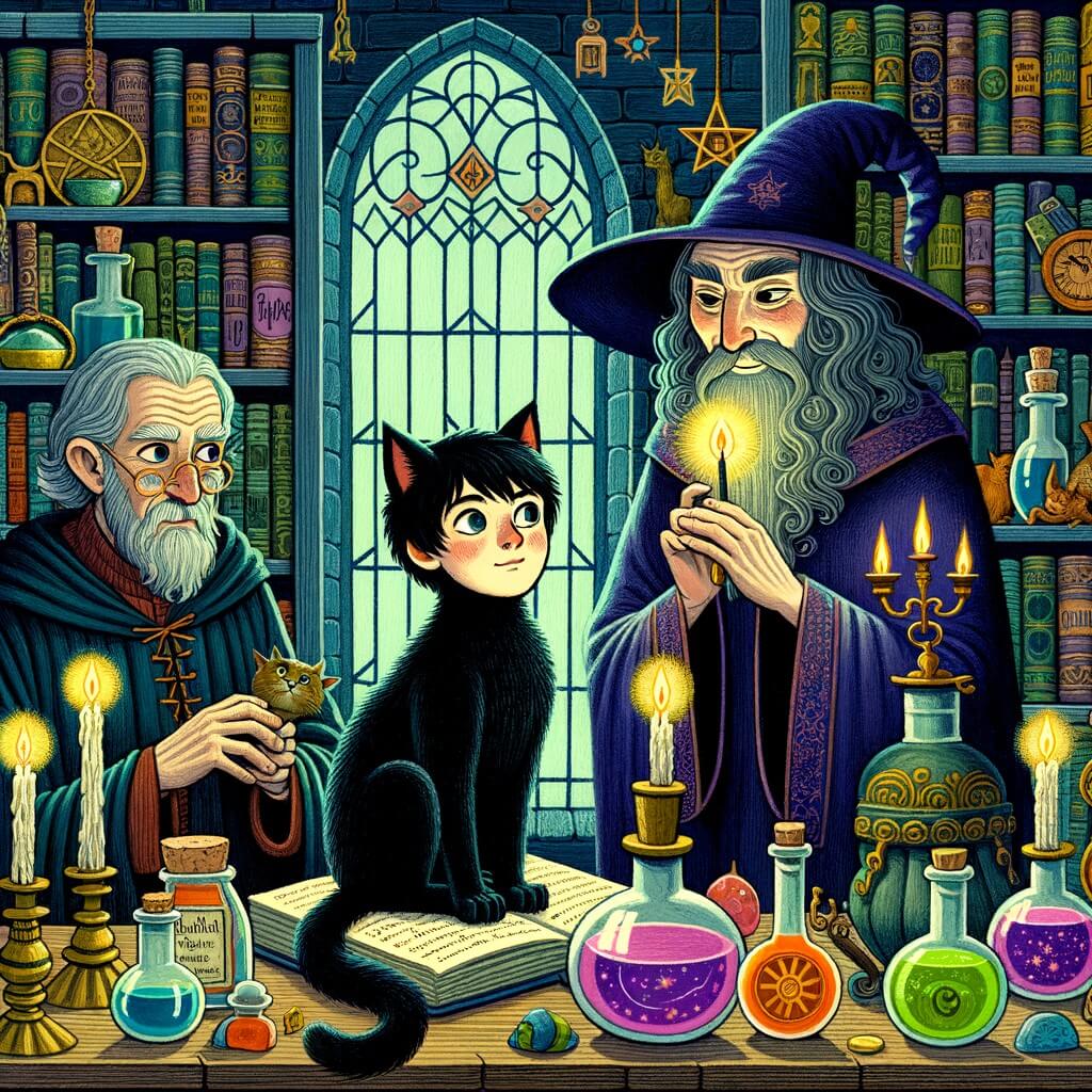 Une illustration destinée aux enfants représentant un jeune apprenti sorcier, transformé en chat noir, qui cherche désespérément un antidote avec l'aide de son grand-père et du mystérieux sorcier Merlin, dans une bibliothèque magique remplie de vieux grimoires, de potions colorées et de chandeliers scintillants.