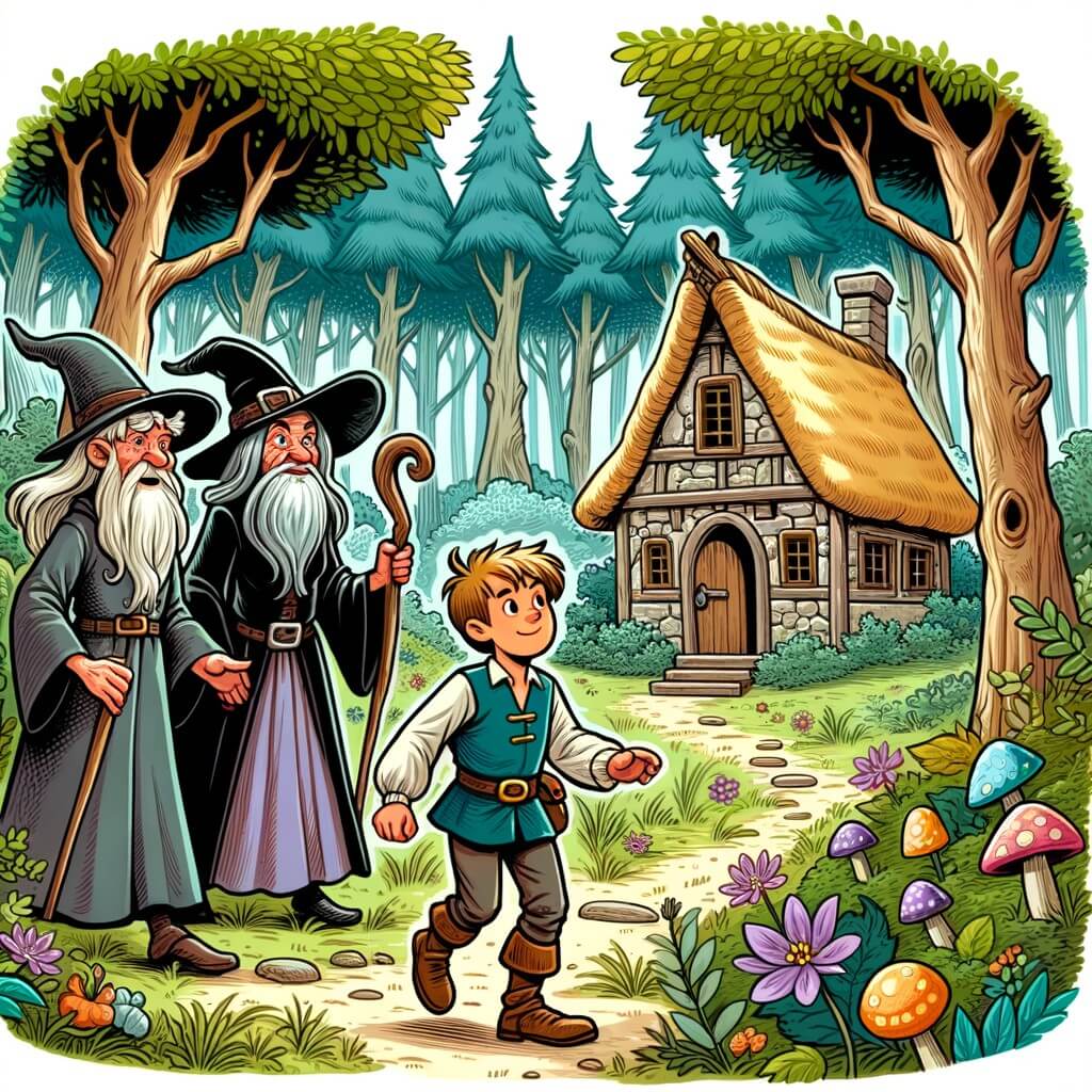 Une illustration destinée aux enfants représentant un jeune apprenti sorcier intrépide, se retrouvant dans une forêt enchantée où il rencontre deux sorcières excentriques qui l'entraînent dans leur maisonnette cachée au cœur d'une clairière féerique.
