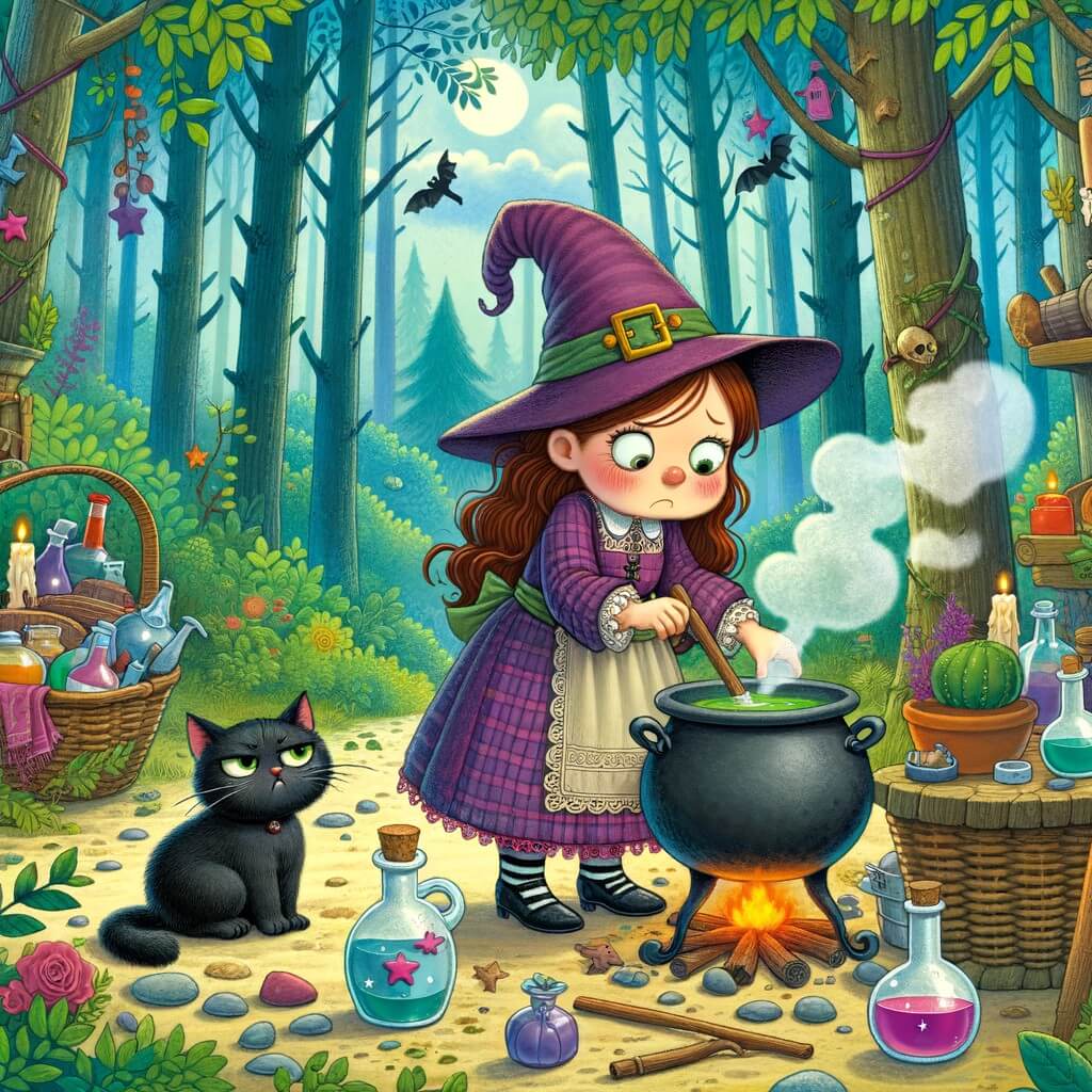 Une illustration destinée aux enfants représentant une sorcière maladroite qui prépare une potion magique dans une forêt enchantée, avec son chat noir soupirant à ses côtés.