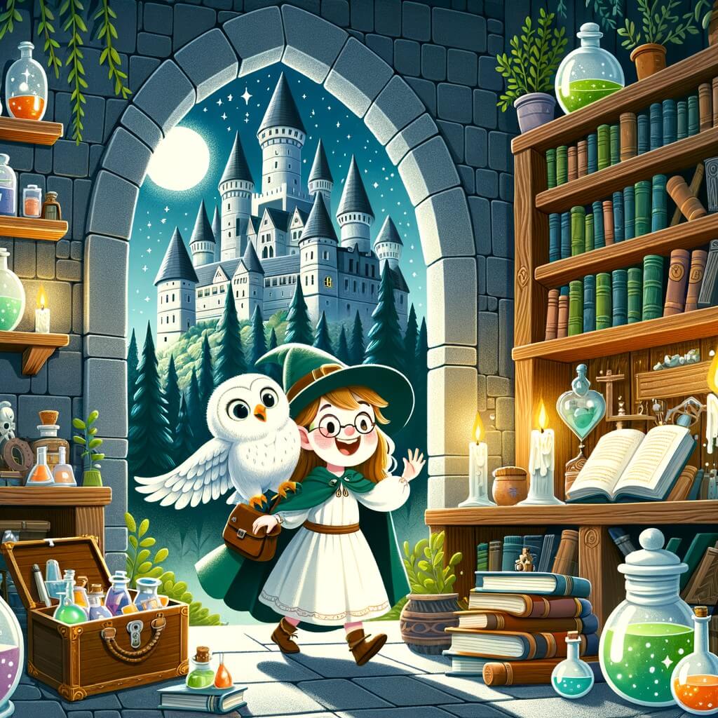 Une illustration pour enfants représentant une jeune sorcière excitée à l'idée de rejoindre l'école de sorcellerie la plus célèbre du monde, Poudlard, dans une forêt dense et mystérieuse.