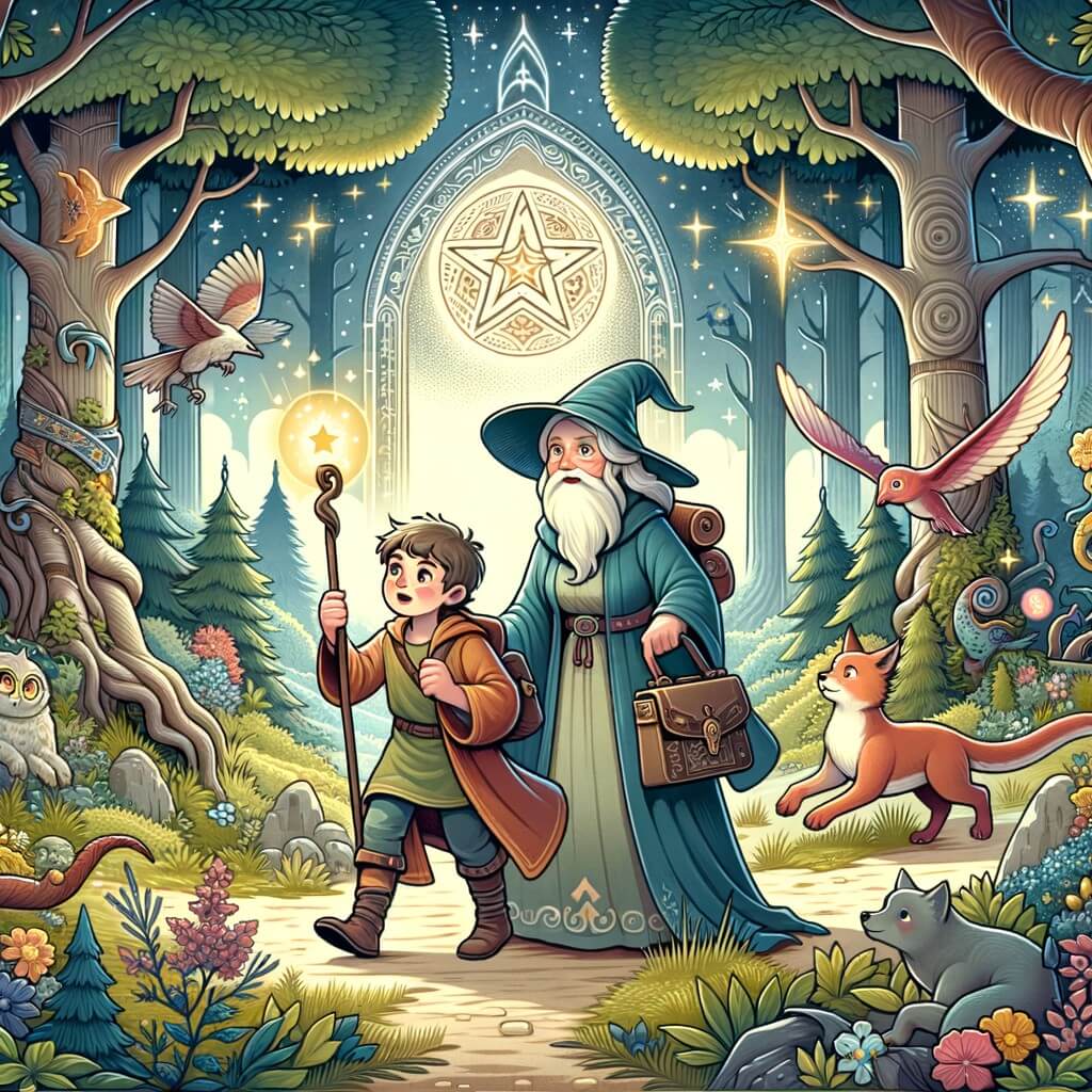 Une illustration destinée aux enfants représentant un jeune apprenti sorcier, plongé dans une quête magique, accompagné d'une mystérieuse vieille femme, à la recherche de la forêt magique, avec ses arbres majestueux, ses créatures fantastiques et sa porte magique ornée d'une icône en forme d'étoile.