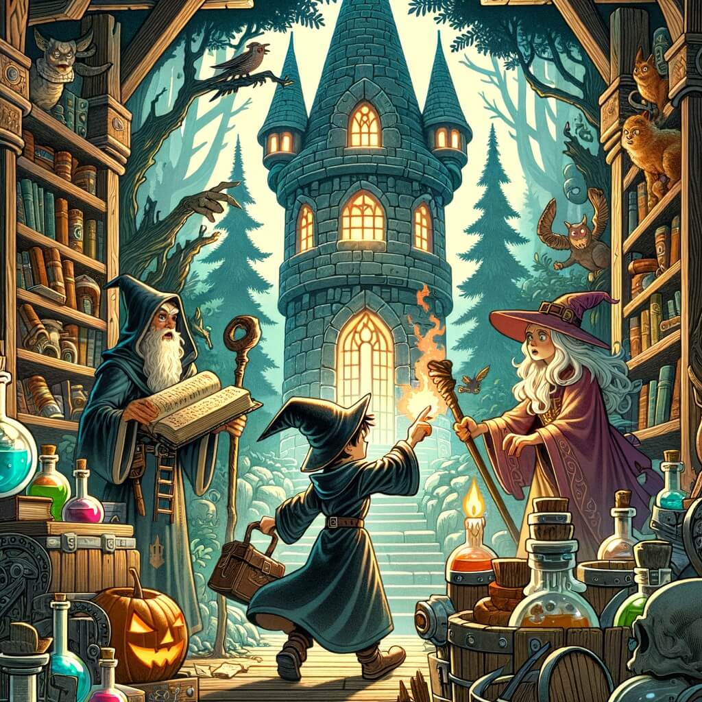Une illustration destinée aux enfants représentant un apprenti sorcier passionné de magie, se lançant dans une mission périlleuse pour récupérer un parchemin magique volé par une sorcière maléfique, dans une tour mystique remplie de potions et de livres, entourée d'une forêt sombre et d'une grotte sinistre.