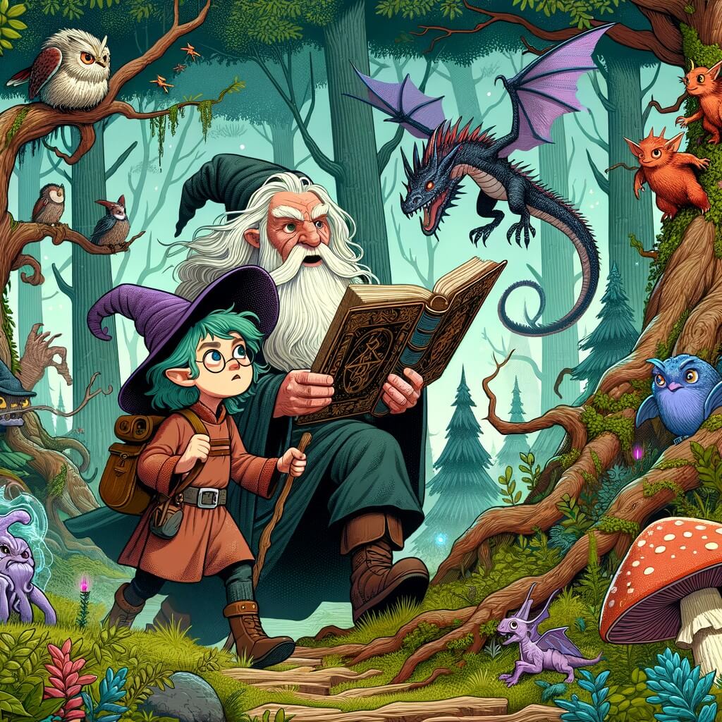 Une illustration destinée aux enfants représentant une apprentie sorcière pleine de curiosité, se lançant dans une mission dangereuse pour récupérer un livre de sorts puissant, accompagnée d'un vieux sorcier à la longue barbe blanche, dans une forêt enchantée remplie d'arbres géants et de créatures fantastiques.