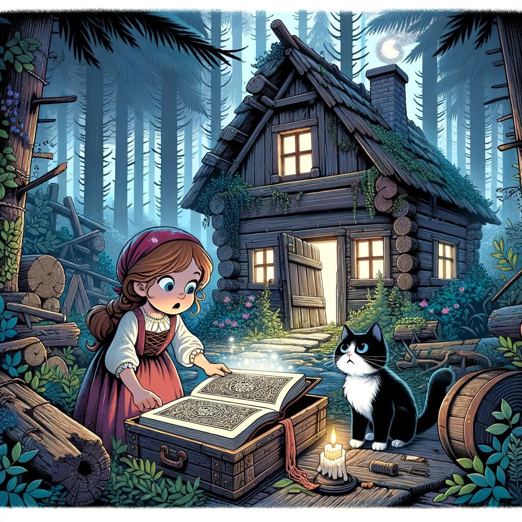 Une illustration destinée aux enfants représentant une sorcière curieuse découvrant un grimoire magique dans une vieille cabane abandonnée, accompagnée d'un chat noir et blanc, au cœur d'une forêt dense et mystérieuse.