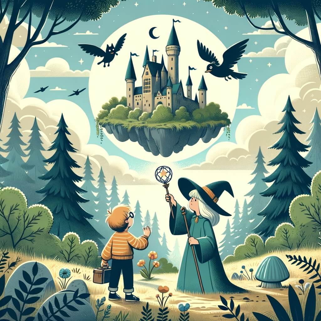Une illustration destinée aux enfants représentant un jeune sorcier découvrant un château flottant dans les airs, accompagné d'une sorcière bienveillante, dans une clairière magique au cœur d'une forêt dense.