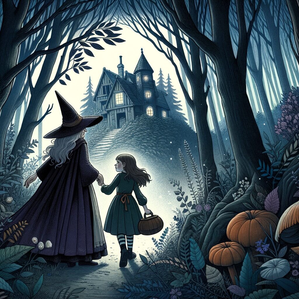 Une illustration destinée aux enfants représentant une apprentie sorcière, plongée dans une aventure fantastique aux côtés d'une vieille sorcière, dans une mystérieuse maison abandonnée, enveloppée par une forêt dense et pleine de secrets.