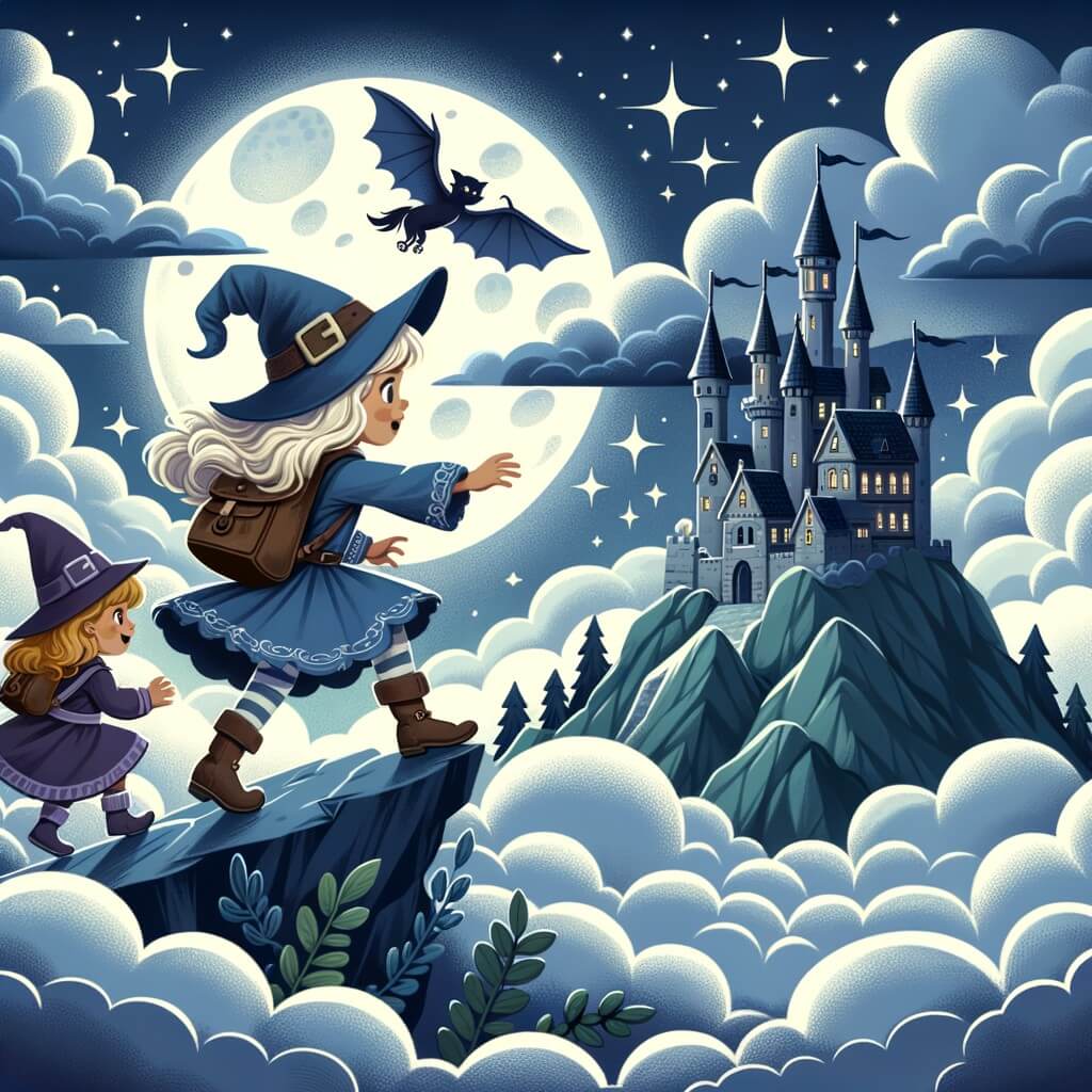 Une illustration destinée aux enfants représentant une apprentie sorcière, plongée dans une aventure magique avec ses amis, dans un château mystérieux situé au sommet d'une montagne entourée de nuages moelleux et illuminé par la lueur argentée de la lune.