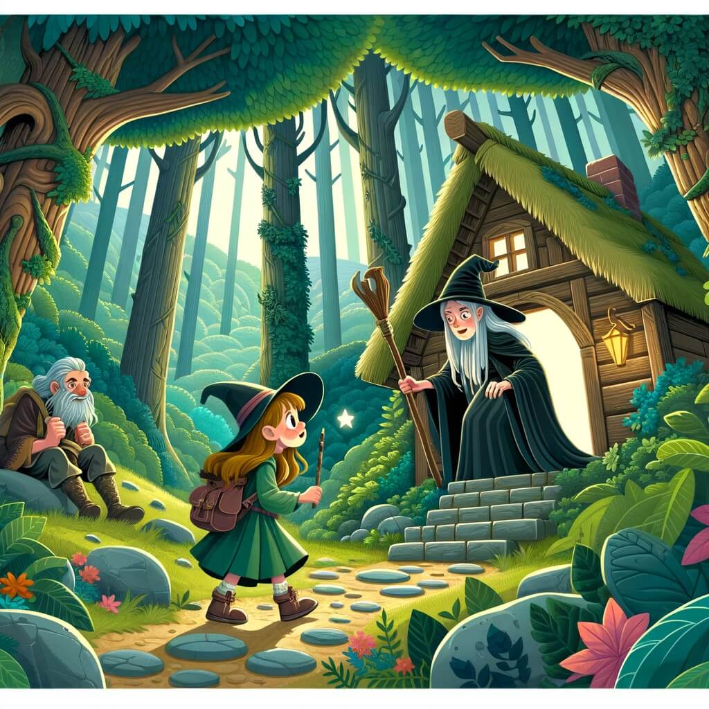 Une illustration destinée aux enfants représentant une jeune sorcière talentueuse qui se retrouve dans une situation périlleuse, accompagnée d'une sorcière plus âgée et sage, dans une cabane cachée au cœur d'une forêt enchantée, entourée de collines verdoyantes et de vastes arbres majestueux.