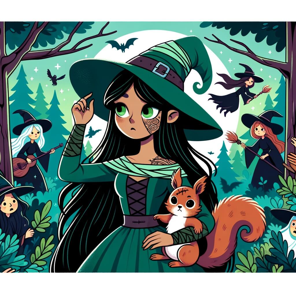 Une illustration destinée aux enfants représentant une sorcière aux longs cheveux noirs et aux yeux verts, se trouvant dans une forêt dense et mystérieuse, accompagnée d'un petit écureuil blessé, dans un tournoi de sorcellerie coloré et animé, entourée de sorcières aux chapeaux pointus et aux balais volants.