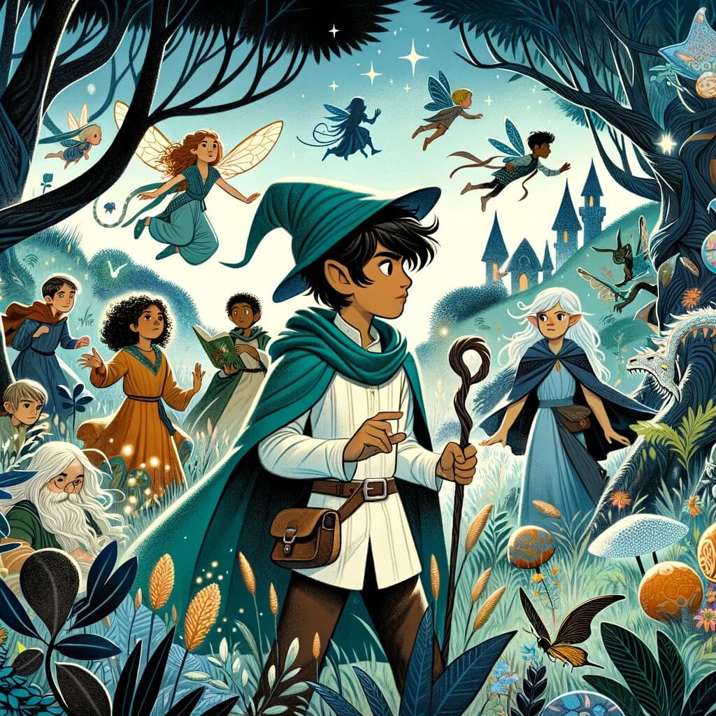 Une illustration destinée aux enfants représentant un jeune apprenti sorcier, plongé dans une quête magique, accompagné de ses amis, explorant un monde fantastique rempli de fées, d'elfes et de dragons, entouré de hautes herbes et d'arbres étranges.