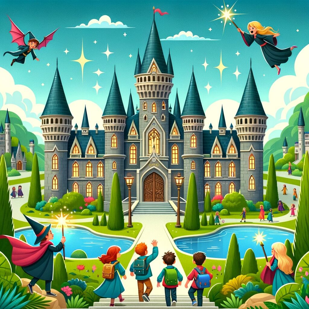 Une illustration destinée aux enfants représentant un jeune sorcier aux pouvoirs incroyables, se lançant dans une aventure palpitante avec ses amis, à l'école de magie de Poudlard, un majestueux château aux tours pointues, entouré de jardins luxuriants et d'un lac scintillant.