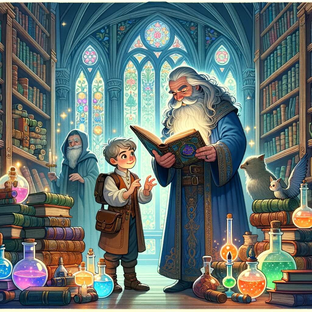 Une illustration destinée aux enfants représentant un jeune sorcier plein de curiosité, découvrant un livre de sorts et de magie dans une forêt enchantée, accompagné du professeur Dumbledore, dans la magnifique bibliothèque de la magie, remplie d'étagères remplies de livres et de potions colorées.