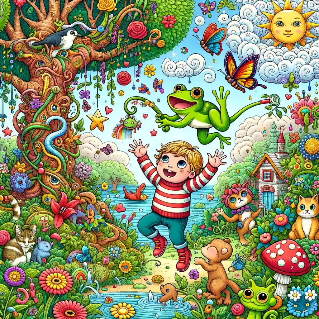 Une illustration destinée aux enfants représentant un petit garçon curieux, transformant le monde en un joyeux chaos loufoque avec l'aide d'une grenouille magique, dans un jardin enchanté rempli de fleurs multicolores et d'animaux rigolos.