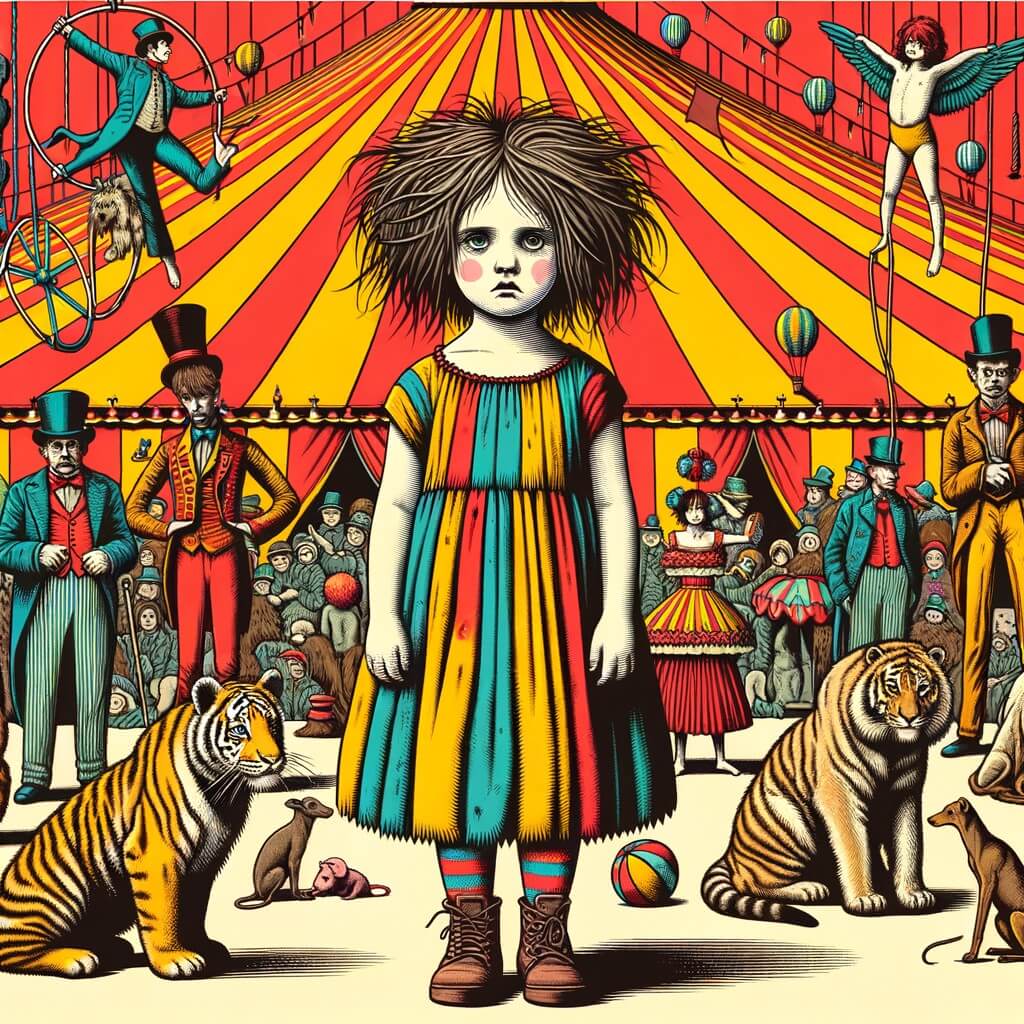 Une illustration destinée aux enfants représentant une petite fille aux cheveux en bataille, vêtue d'une robe multicolore, se trouvant au milieu d'un cirque rempli de jongleurs, d'acrobates et d'animaux exotiques, avec en toile de fond un grand chapiteau rayé de rouge et de jaune.
