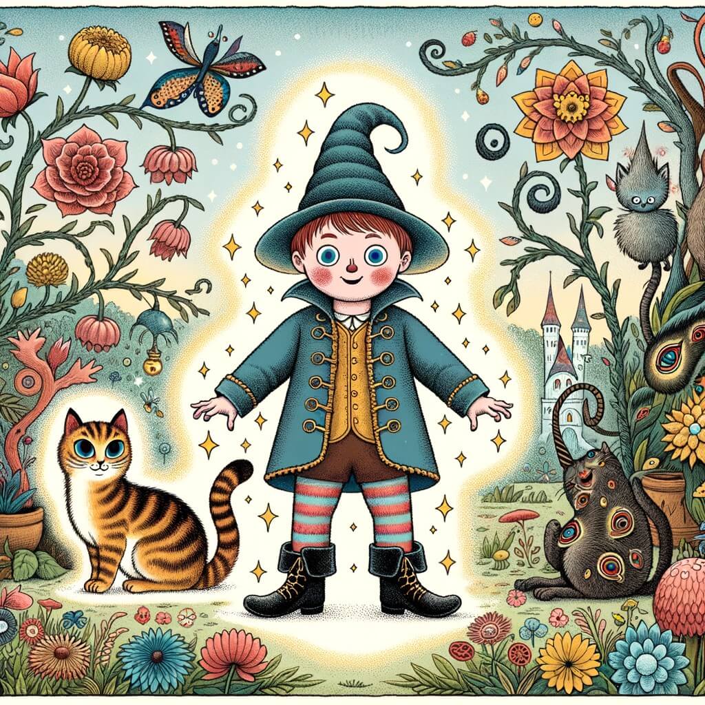 Une illustration destinée aux enfants représentant un petit garçon intrépide se transformant en chat, accompagné d'un chat magique, dans un jardin enchanté rempli de fleurs colorées et d'arbres aux formes étranges.