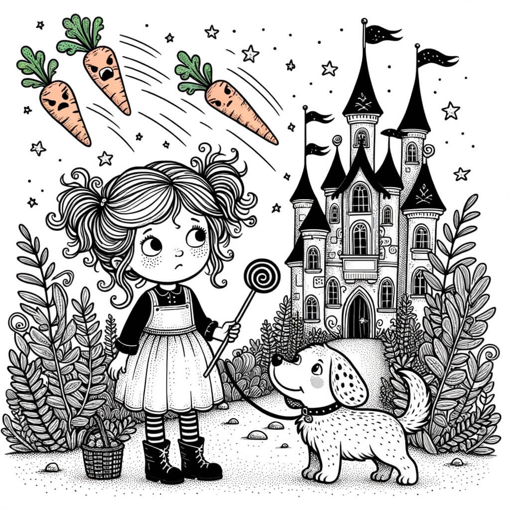 Une illustration destinée aux enfants représentant une petite fille aux cheveux en bataille, se trouvant dans une forêt enchantée, accompagnée d'un chien aux oreilles tachetées, dans un château en forme de bonbon, où des légumes méchants lancent des carottes volantes.