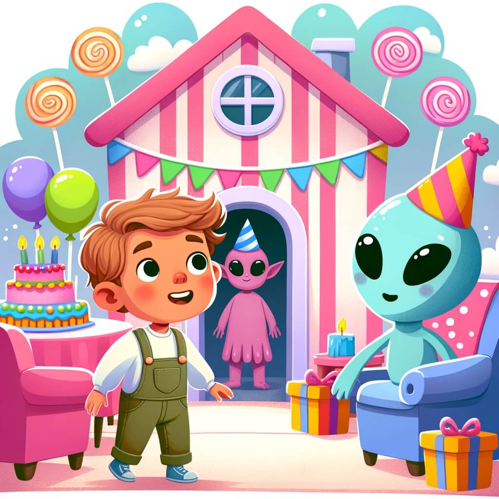 Une illustration pour enfants représentant un petit garçon émerveillé par l'arrivée inattendue d'extraterrestres à la fête d'anniversaire de sa sœur, dans le jardin de leur maison.