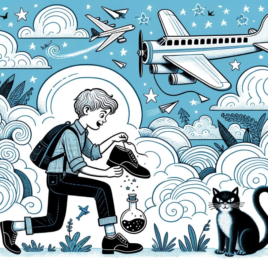Une illustration destinée aux enfants représentant un petit garçon passionné de chaussures, se retrouvant avec des chaussures en papier géantes après avoir utilisé une potion magique, accompagné d'un chat en colère, dans un ciel rempli d'avions et de nuages moelleux.