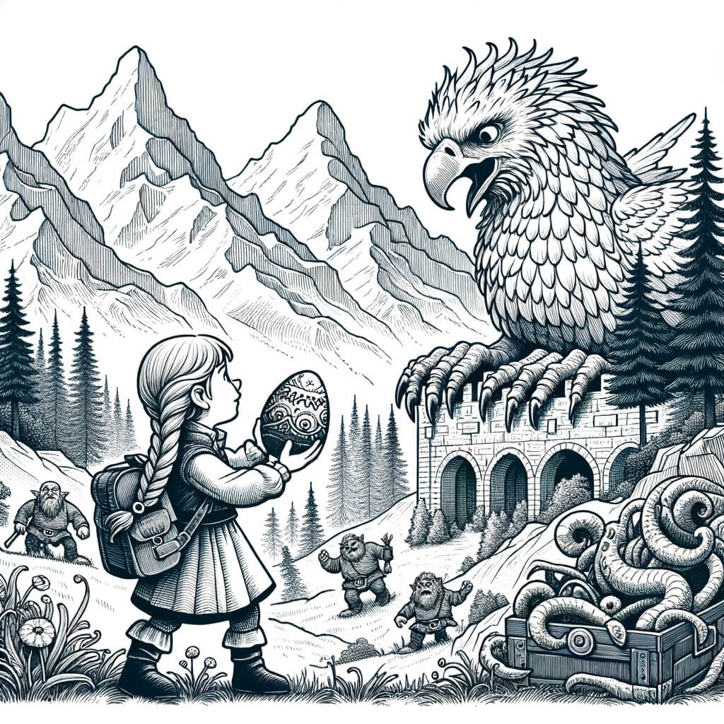 Une illustration destinée aux enfants représentant une petite fille aventurière, cherchant un animal fantastique dans un château rempli de trolls, avec des montagnes majestueuses en arrière-plan et un œuf de griffon géant à ses côtés.