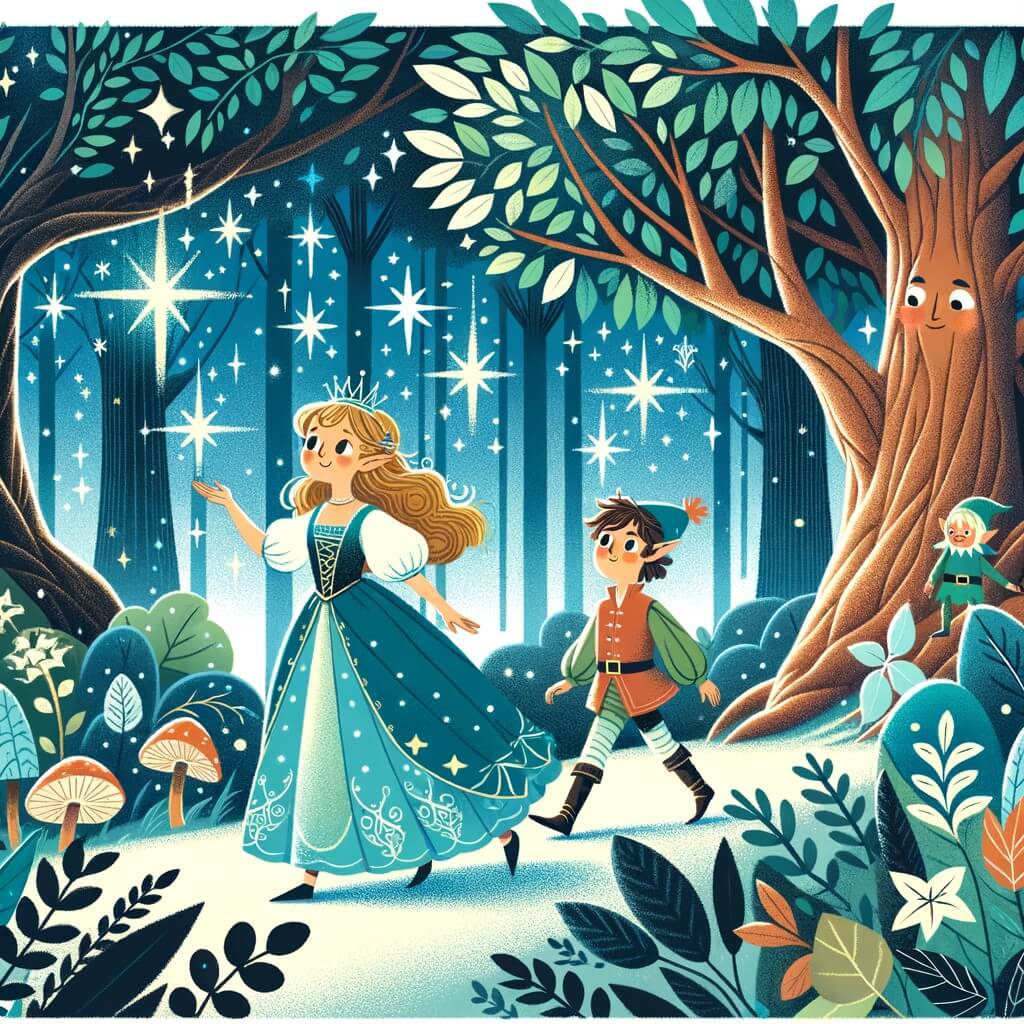Une illustration destinée aux enfants représentant une princesse rigolote et bienveillante qui part à la recherche de l'aventure dans un royaume enchanté, accompagnée d'un petit elfe, à travers une forêt magique avec des arbres majestueux et des feuilles brillantes comme des étoiles.