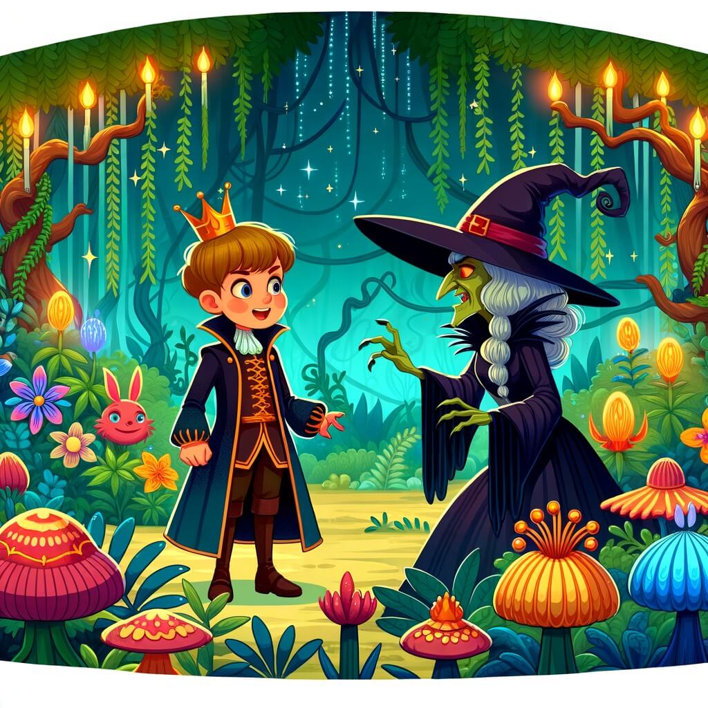Une illustration destinée aux enfants représentant un jeune prince malicieux, se confrontant à une sorcière méchante dans un jardin magique rempli de fleurs étranges et d'arbres brillants, dans le royaume enchanté.