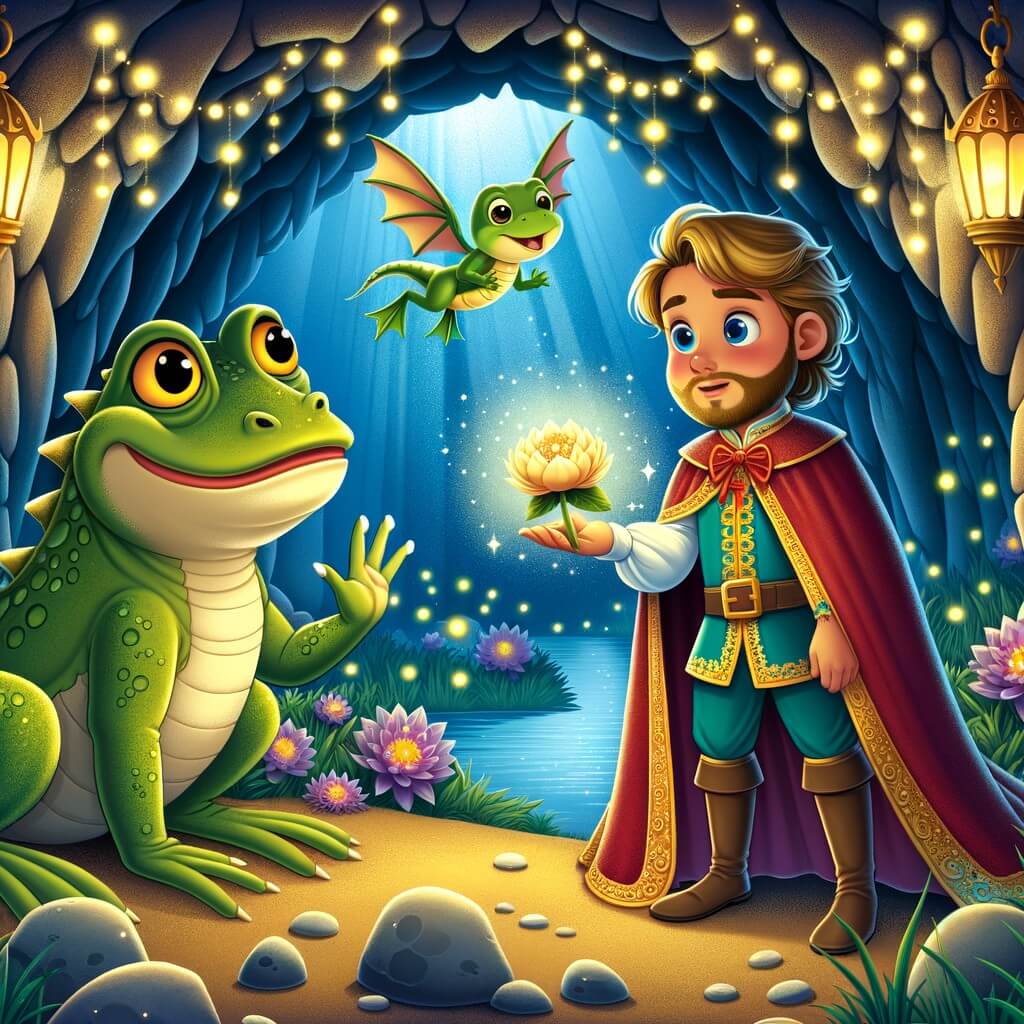 Une illustration destinée aux enfants représentant un prince farceur, transformé en grenouille, qui doit affronter un dragon pour récupérer une fleur rare, dans une grotte enchantée illuminée par des lucioles scintillantes.