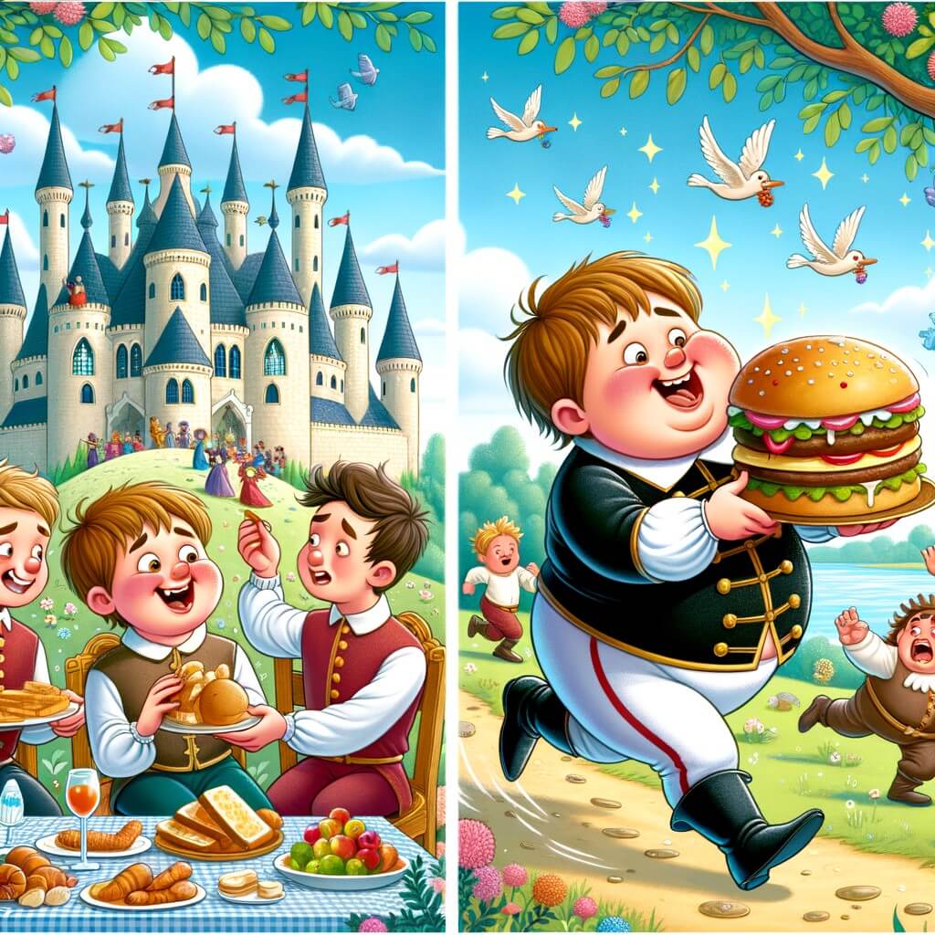 Une illustration pour enfants représentant un prince maladroit et gourmand, vivant des aventures rigolotes dans le royaume enchanté.