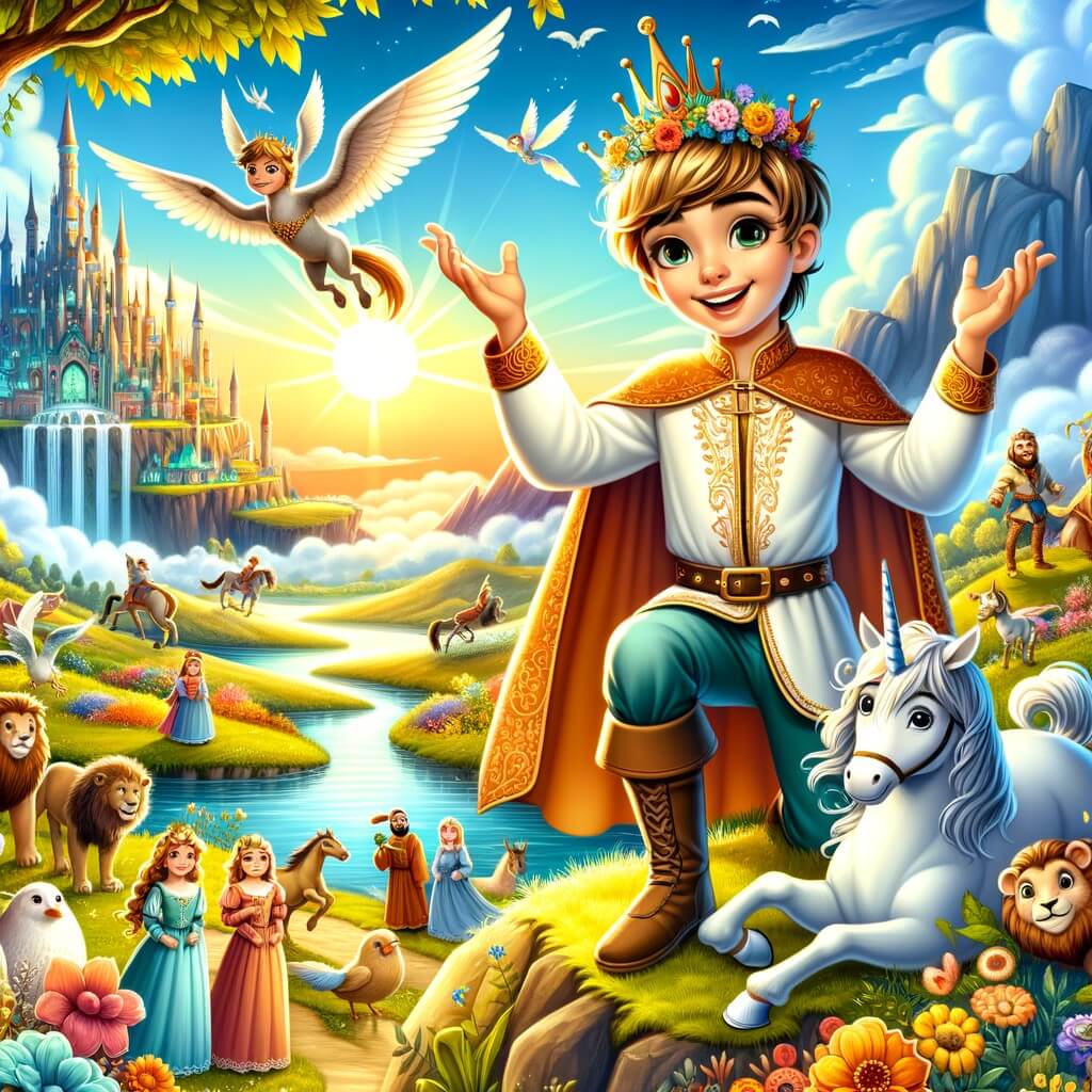 Une illustration pour enfants représentant un prince farceur dans un royaume enchanté où les histoires sont rigolotes.