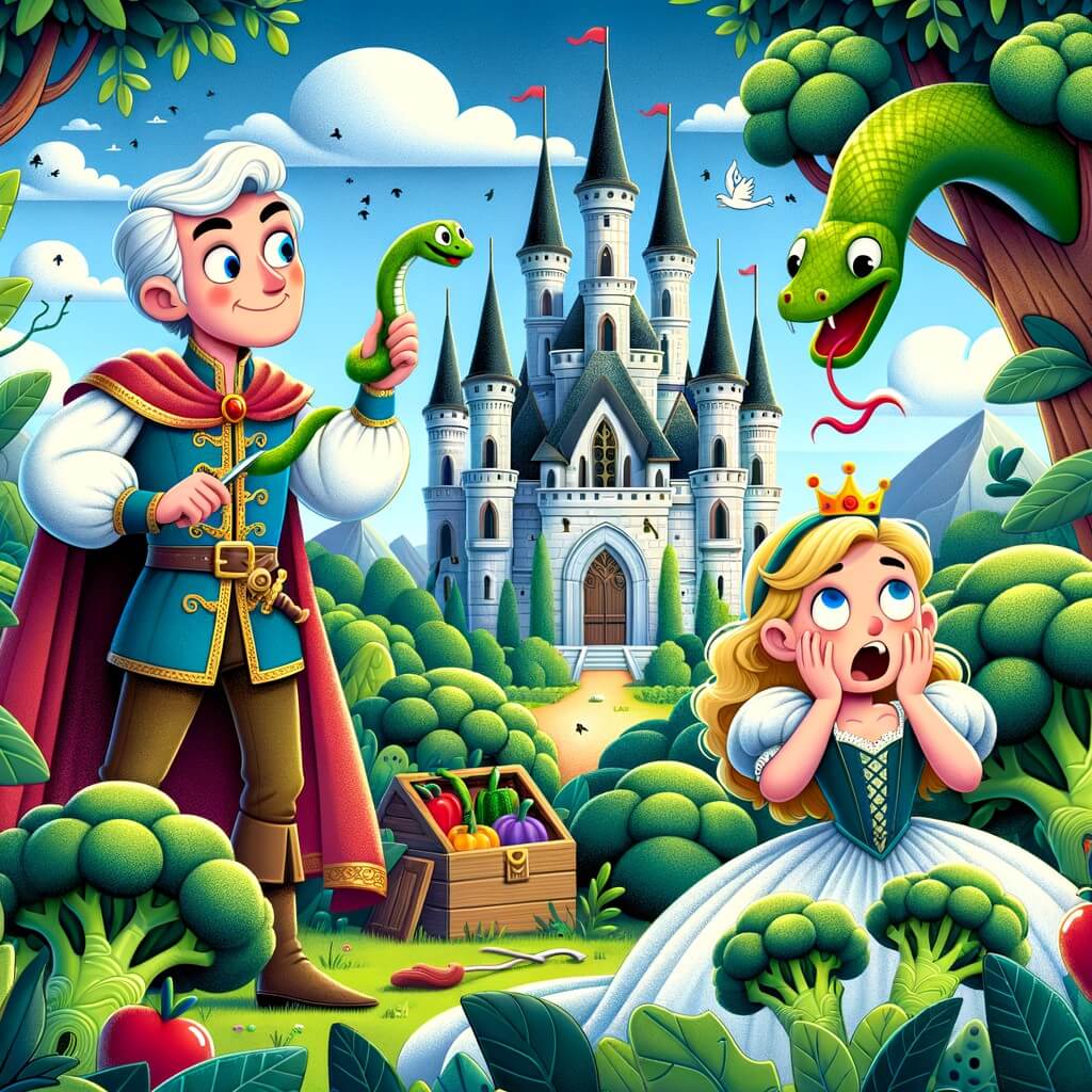 Une illustration destinée aux enfants représentant un prince farceur vivant dans un royaume enchanté, faisant des blagues à tout le monde, accompagné d'une princesse effrayée par un serpent en plastique, dans un château majestueux entouré d'une forêt luxuriante avec des brocolis géants qui poussent dans le jardin.