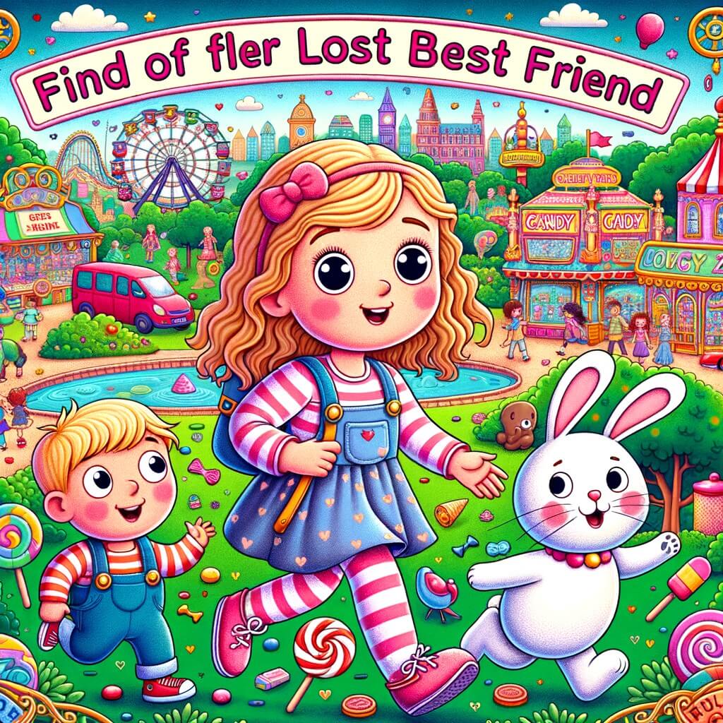 Une illustration pour enfants représentant une petite fille rigolote et ses copains qui cherchent leur ami disparu en parcourant un cirque coloré.