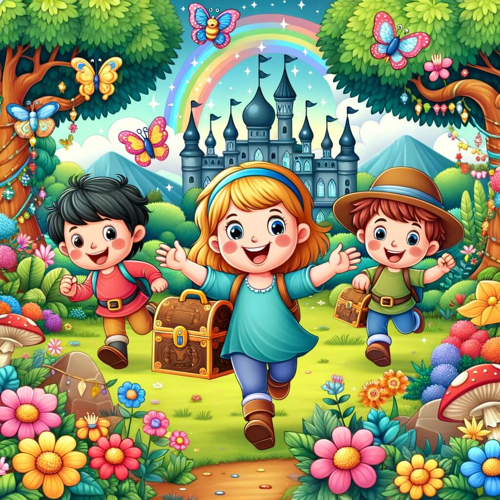 Une illustration destinée aux enfants représentant une petite fille malicieuse, accompagnée de ses joyeux compagnons, se lançant dans une chasse au trésor pleine de surprises dans un jardin enchanté rempli de fleurs multicolores et d'arbres majestueux.