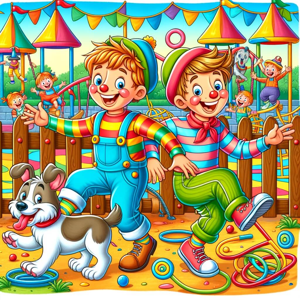 Une illustration destinée aux enfants représentant un petit garçon maladroit et farceur, accompagné de son inséparable chien, se retrouvant dans une joyeuse pagaille dans une cour de récréation colorée et animée.