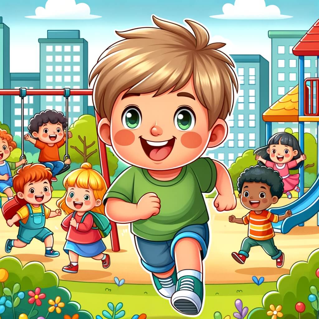 Une illustration destinée aux enfants représentant un petit garçon plein de vitalité et d'imagination, entouré de ses copains, dans une cour d'école colorée avec des balançoires, des toboggans et des enfants qui jouent joyeusement.