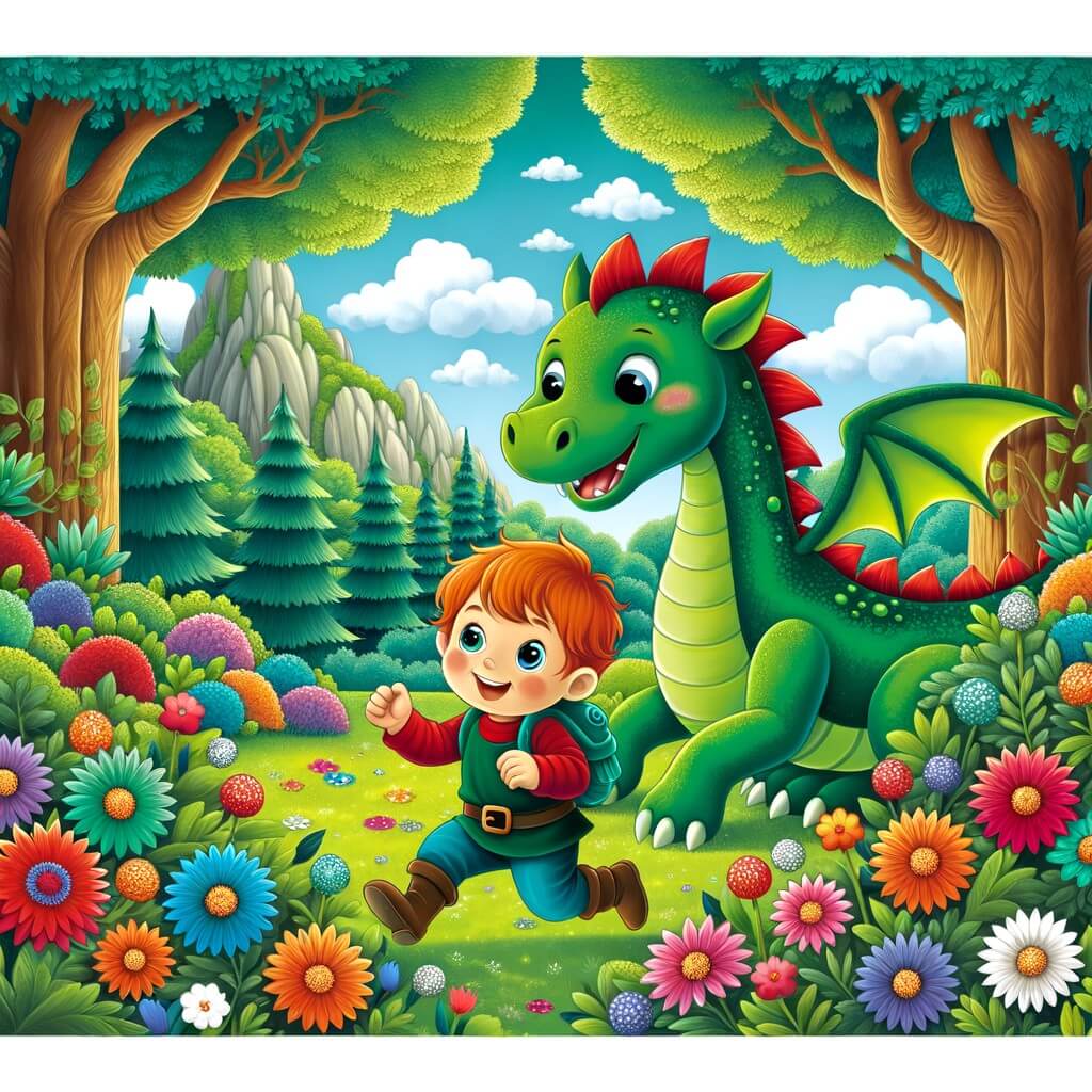 Une illustration destinée aux enfants représentant un petit garçon à la chevelure rousse, accompagné d'un drôle de dragon vert, s'amusant dans une forêt enchantée remplie de fleurs multicolores et d'arbres majestueux.