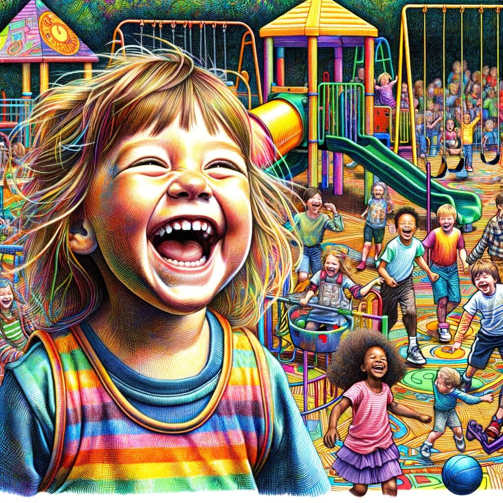 Une illustration destinée aux enfants représentant une petite fille aux cheveux en bataille, en train de rire aux éclats avec un groupe d'amis, dans une cour d'école colorée remplie de jeux, balançoires et toboggans.